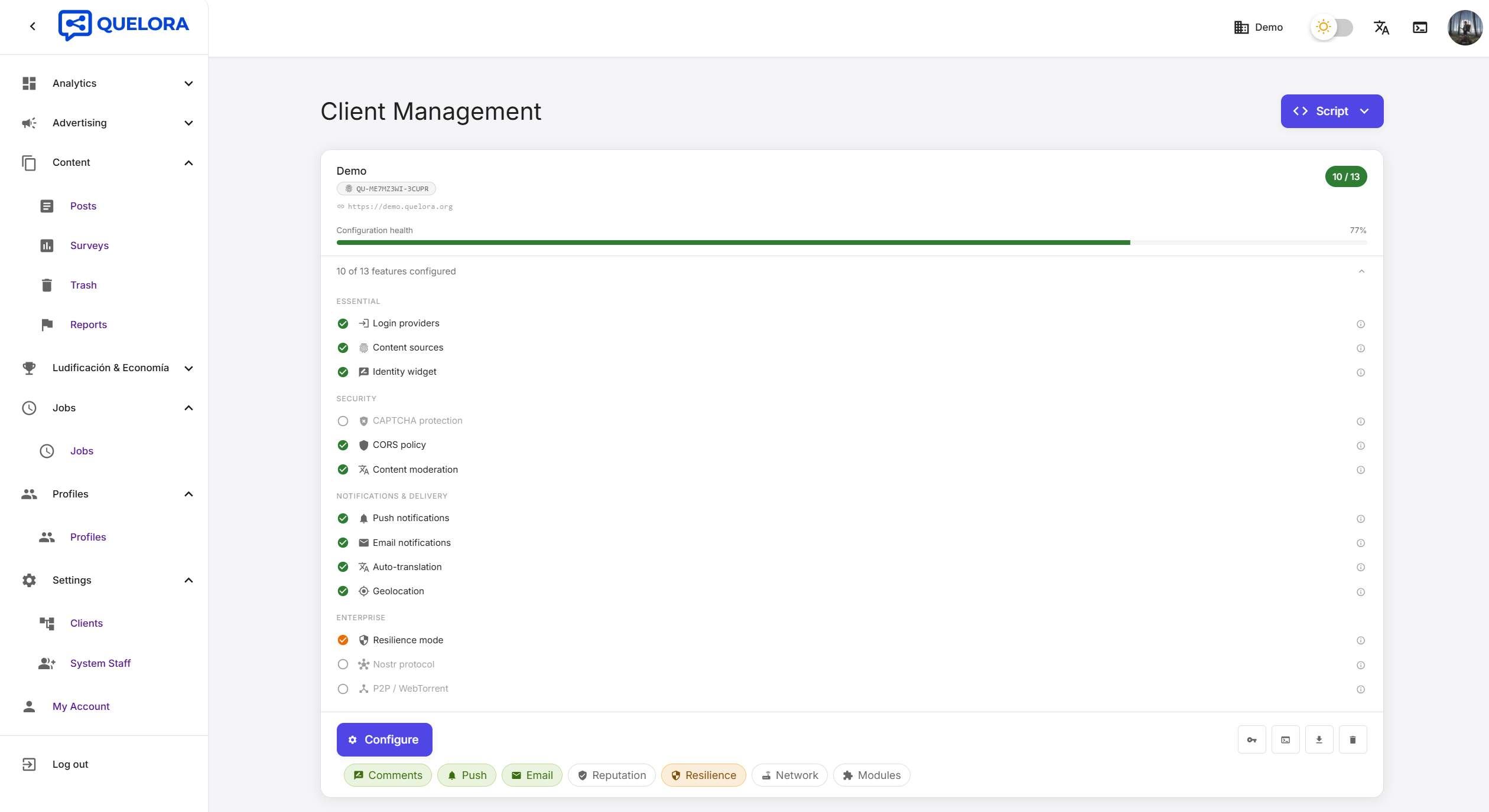 Client management — configuration health overview