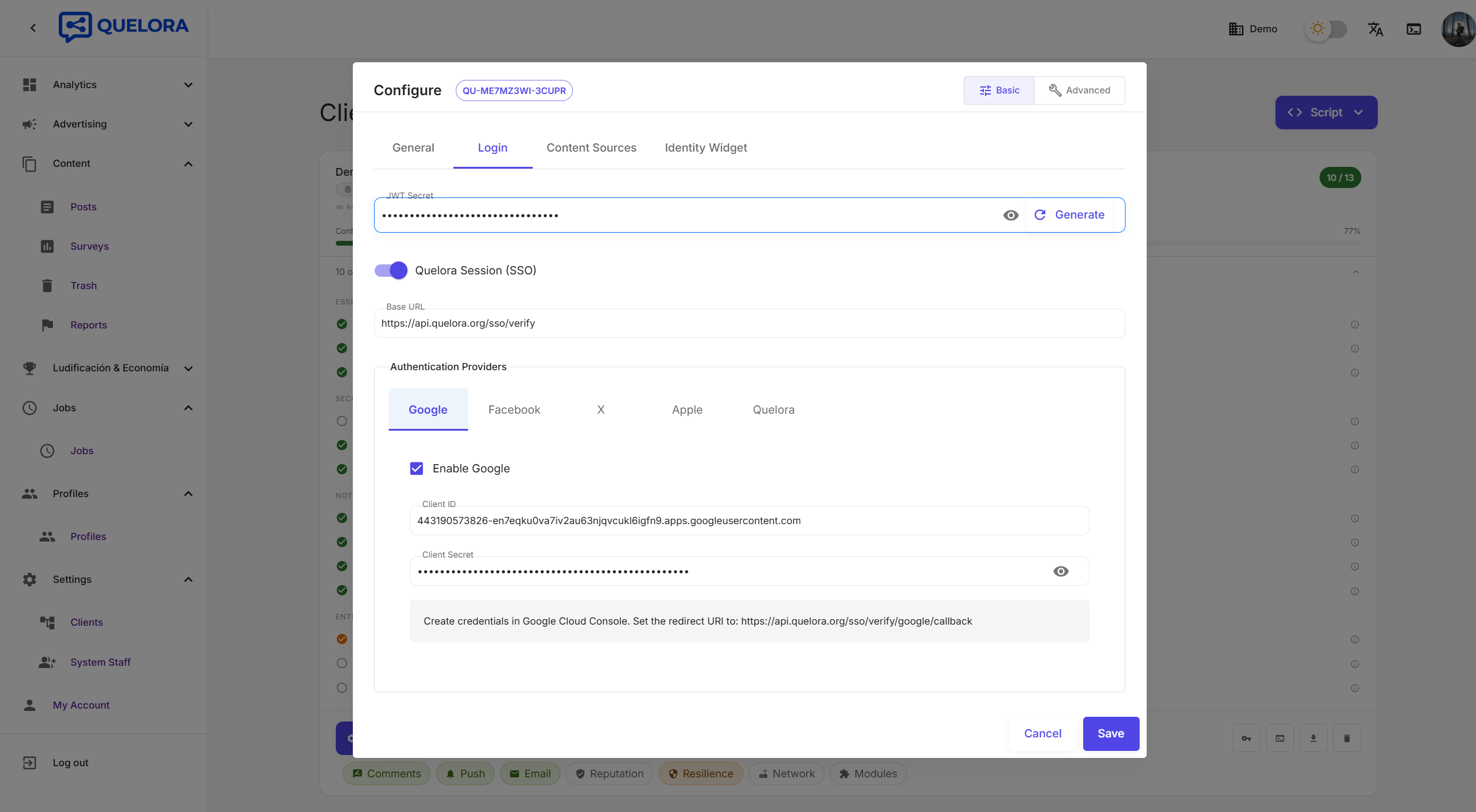 Login providers configuration with Google SSO
