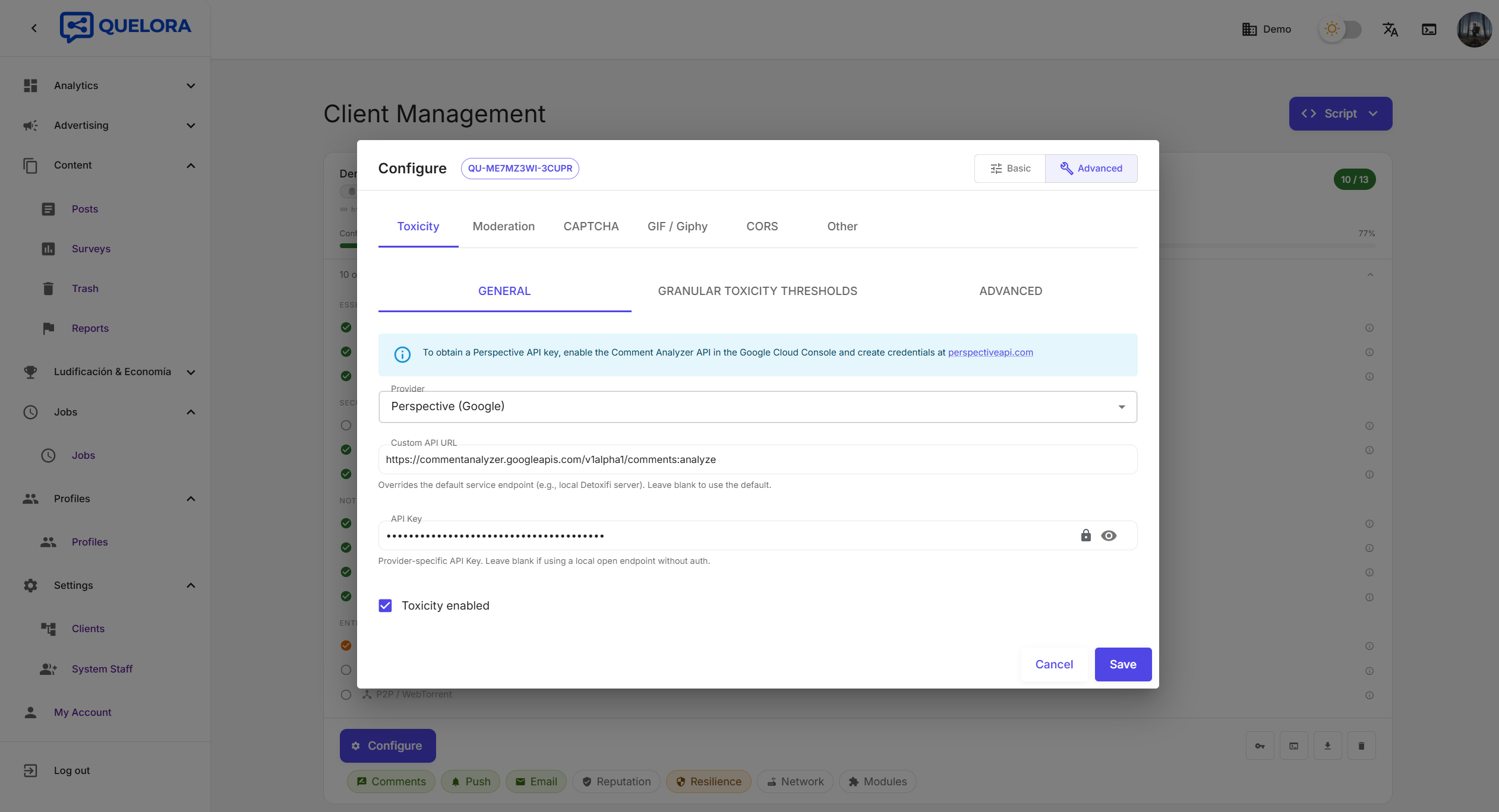 Toxicity and moderation configuration with provider selector