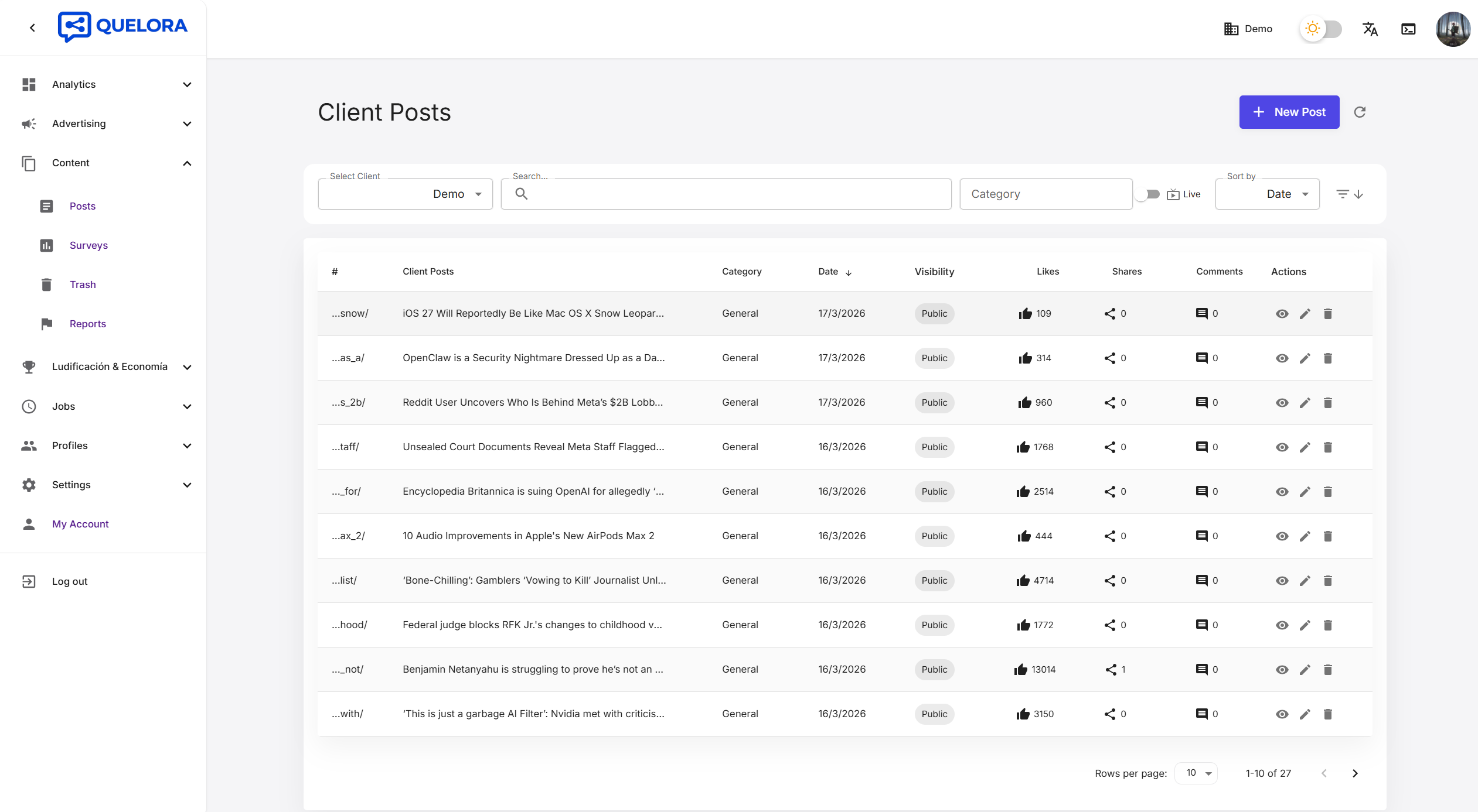 Client posts list with filters and live mode toggle