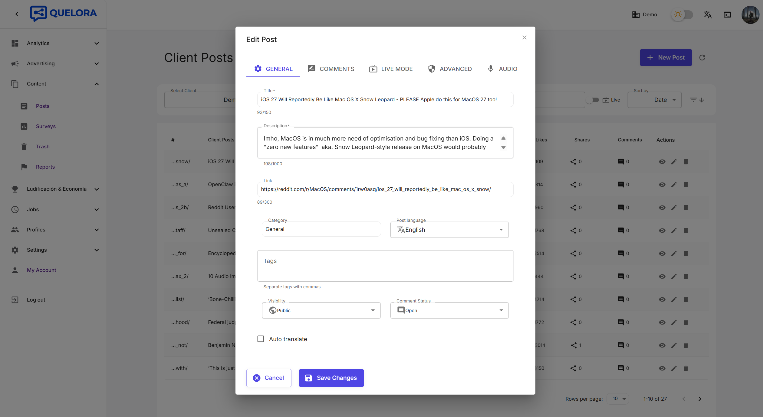 Post editor — General tab