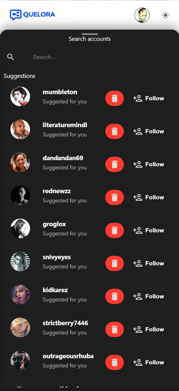 Search accounts drawer with follow suggestions