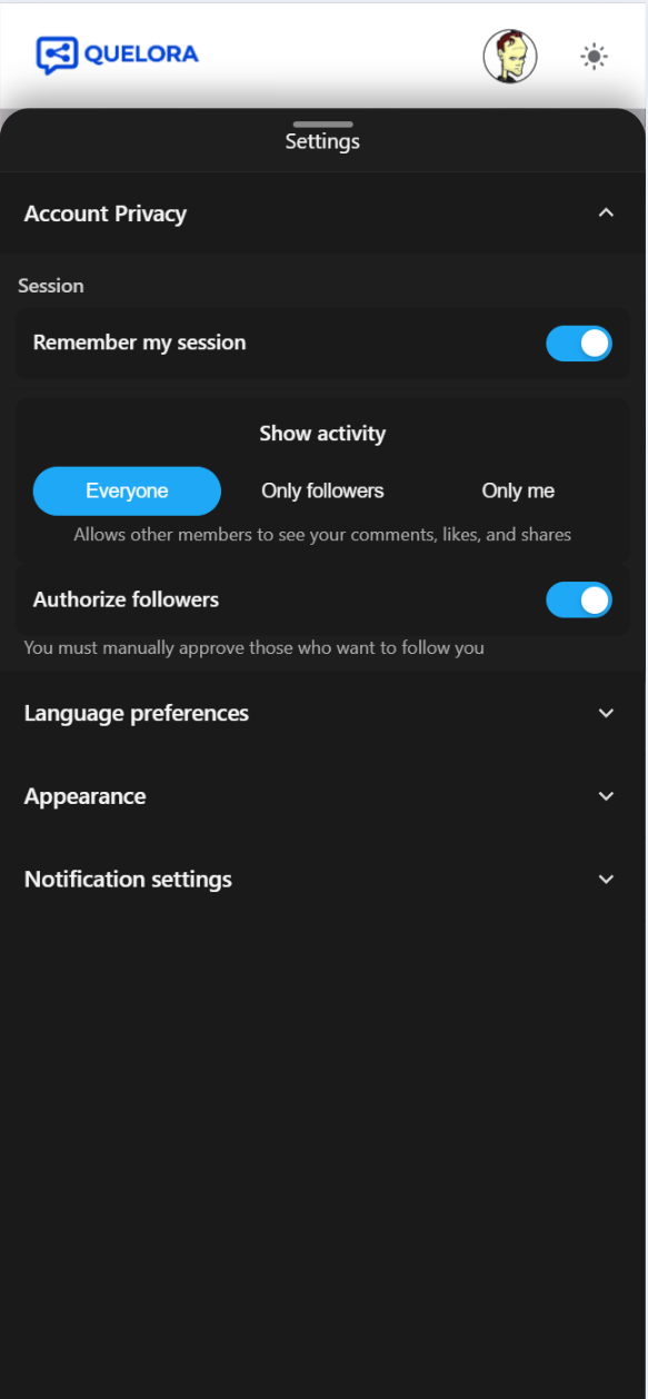 User settings — privacy, session, language, appearance, notifications