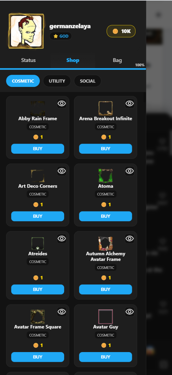 Gamification shop with cosmetic, utility, social tabs