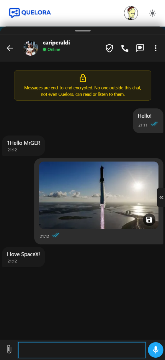 Chat thread with messages, image attachment, encryption banner